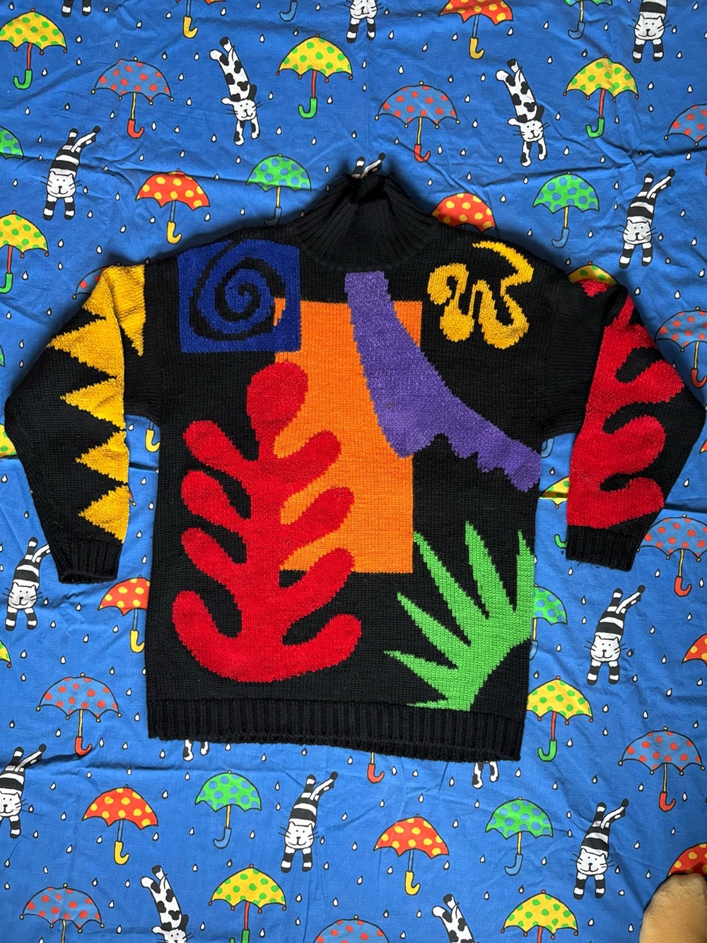 Vintage Colourful Memphis Abstract Mock Neck Knit Wool Cotton Sweater